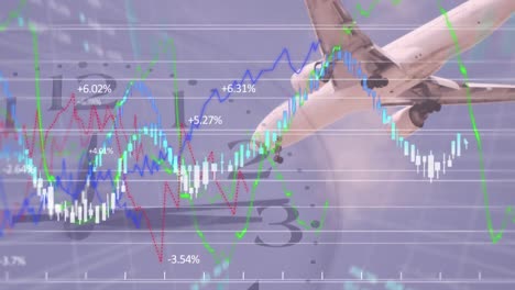 Animation-Eines-Flugzeugs,-Das-Am-Himmel-Fliegt,-Während-Die-Uhr-Tickt,-Statistiken-Werden-Im-Hintergrund-Angezeigt.