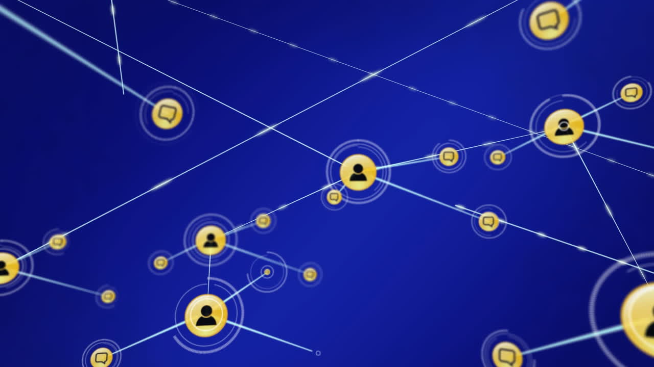 Animation of network of connections with icons on blue background