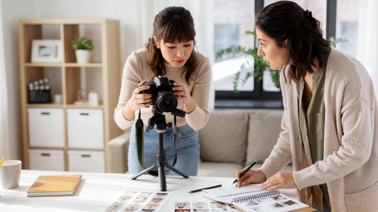 Left photographer adjusting DSLR on tripod while right editor marking prints in studio for capture