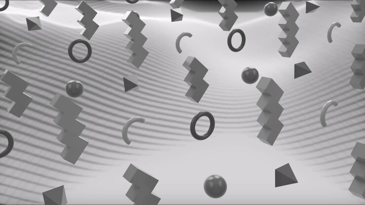 Animazione di varie forme rotanti su sfondo grigio con onde