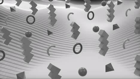 animation of diverse shapes rotating over grey background with waves