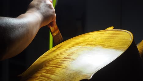 close-up of a craftsman’s hand spreading a homemade mix of linseed oil, mastic, and lac on the cello’s marbled back, with vivid wood flames revealed by focused strong studio lighting