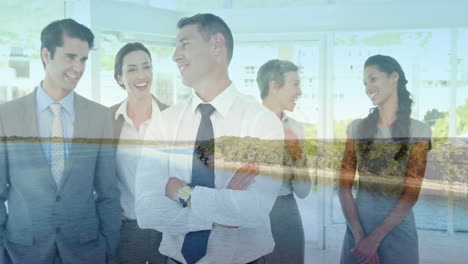 standing confidently, diverse business team smiling by serene beach landscape