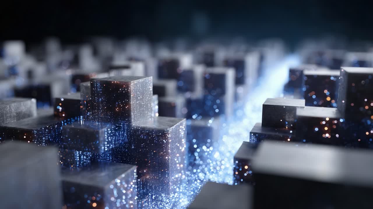 Abstract Digital Landscape with Glowing Structures and Particles, Capturing the Essence of Technological Advancements in a Futuristic Cityscape