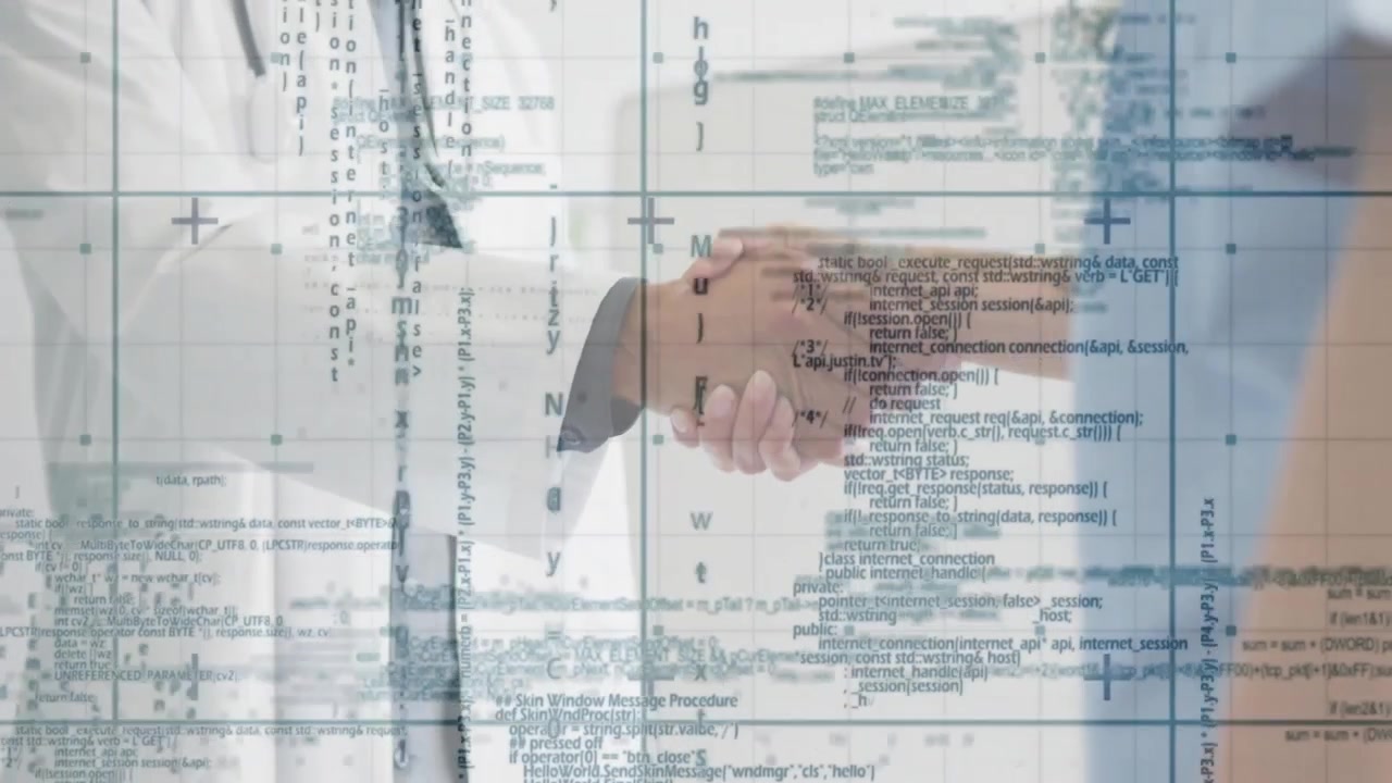 Medico con stetoscopio che estende la mano, avviando una sovrapposizione di codice che appare gradualmente mentre stringe la mano al paziente.
