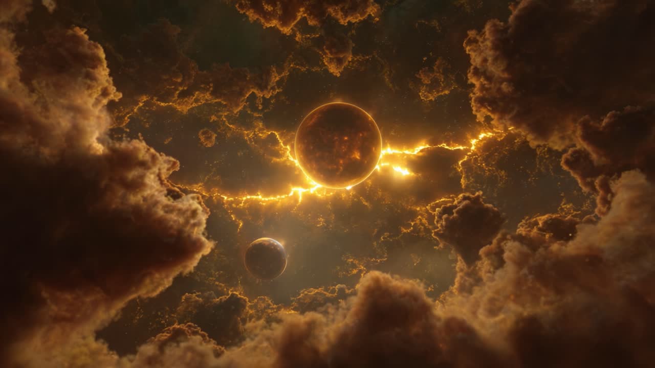 Majestic Cosmic Display: Celestial Bodies Surrounded by Illuminated Clouds in a Dramatic Galactic Scene Captured in Stunning Detail