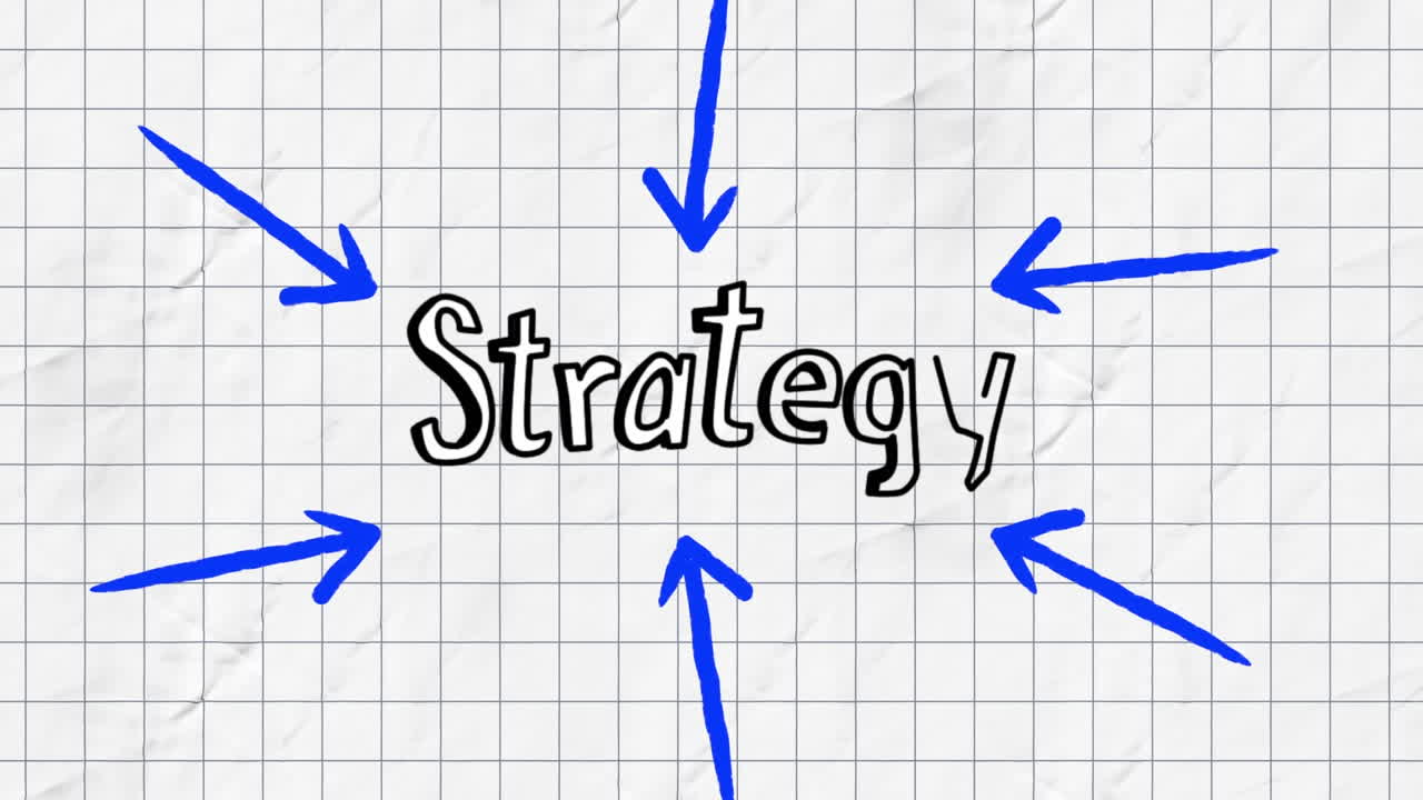 사각형 종이에 있는 전략 텍스트를 가리키는 파란색 화살표의 애니메이션