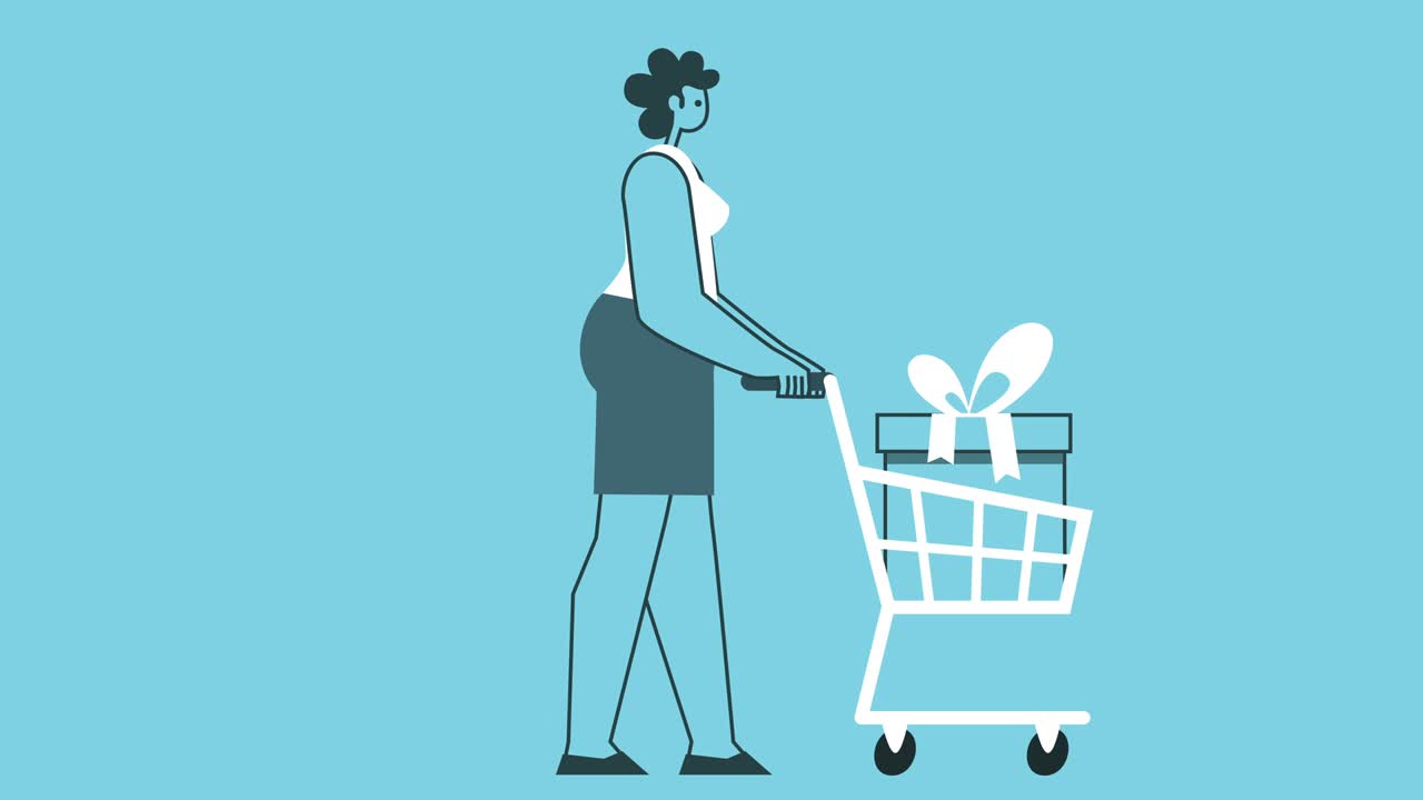 그래픽 디자인 대담한 여성 캐릭터 쇼핑 카트에서 선물 상자와 함께 는 사이클 고립 루프 2d 애니메이션.
