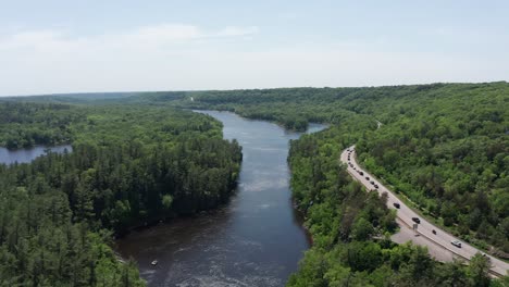 Aerial-wide-descending-shot-of-the-Saint-Croix-River-along-the-state-line-of-Minnesota-and-Wisconsin