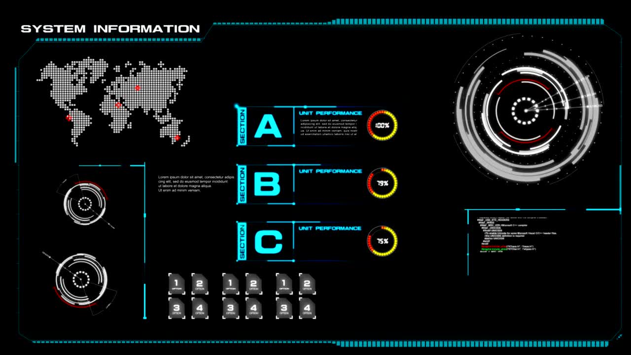 animación de la interfaz de usuario hud en fondo oscuro para concepto cibernético futurista con grano procesado