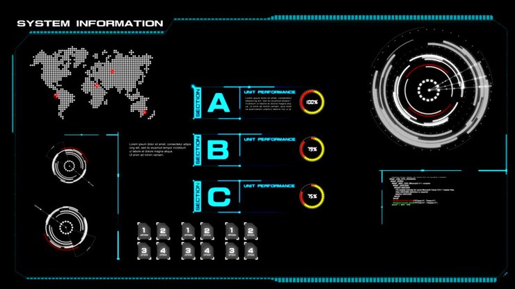 Animation of user interface HUD on dark background for cyber futuristic concept with grain processed