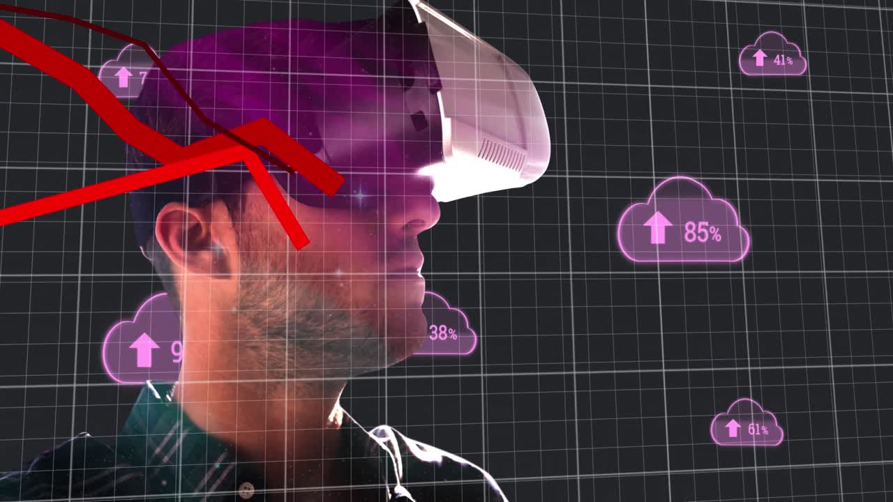 Cloud icon with increasing percentage against man using VR headset and red graphs moving