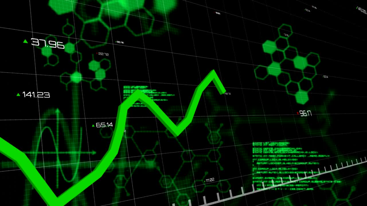 grafici verdi in movimento e elaborazione dei dati su sfondo nero