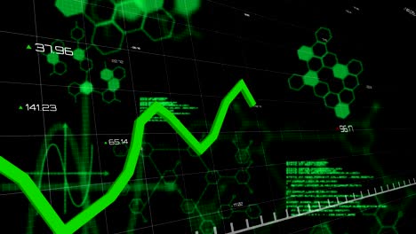 gráficos verdes en movimiento y procesamiento de datos contra un fondo negro