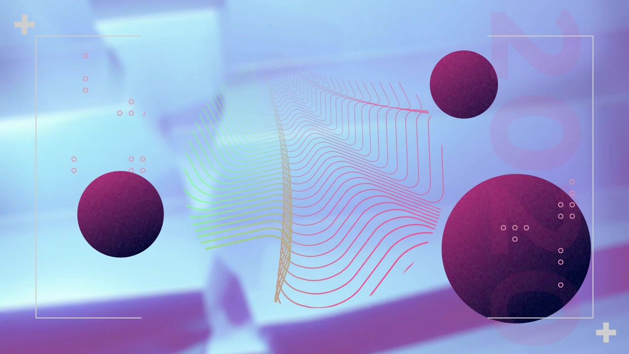 Magenta spheres floating over blurred laptop keyboard surface, showing neon waves and plus symbols