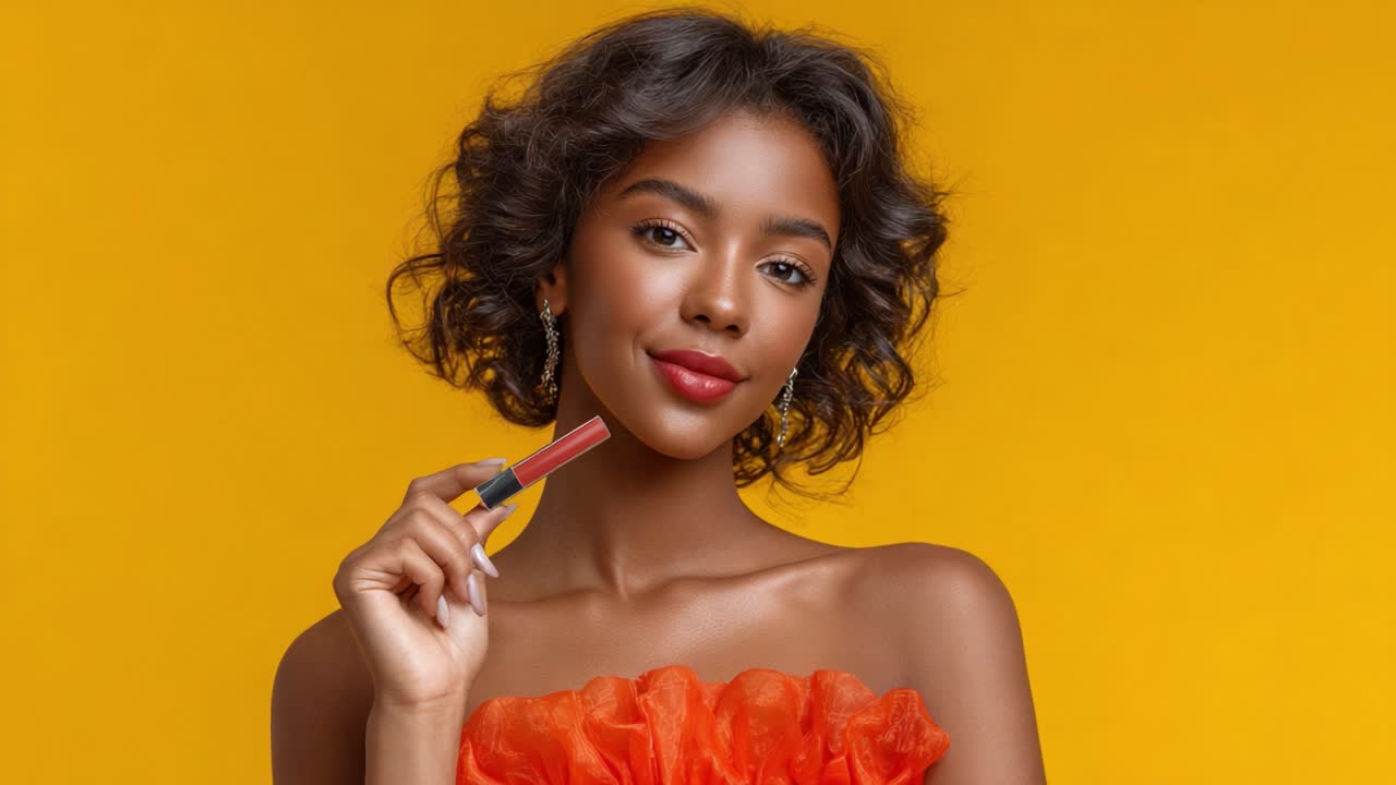 A confident woman showcasing her vibrant lip color against a bright yellow background, exuding beauty and style with a charming smile in a striking orange outfit