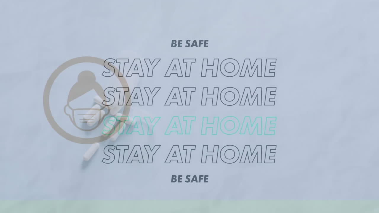 animación de estancia en casa con icono sobre pastillas en fondo blanco