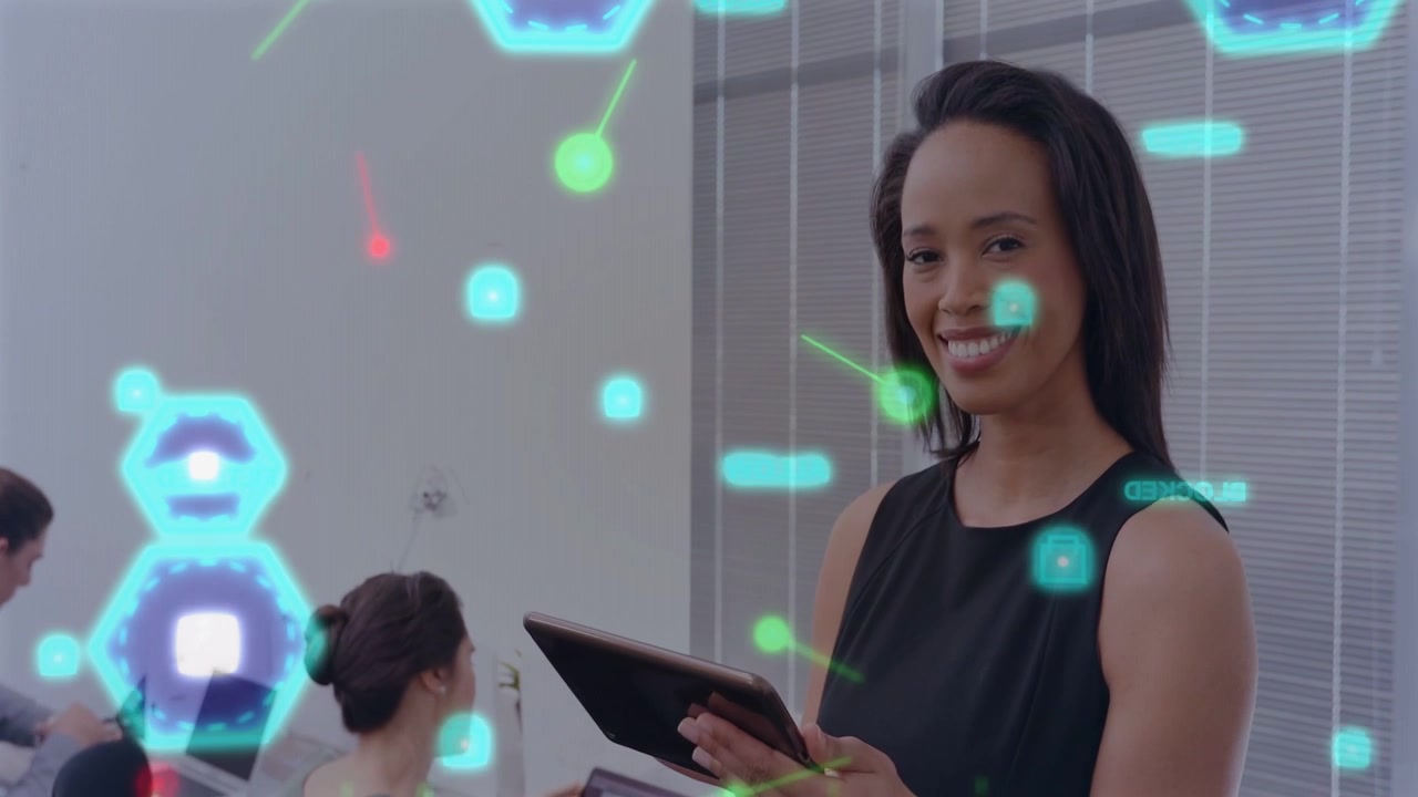 Video vertical: Mujer tocando una tableta, iniciando una superposición de hexágonos de neón, mostrando una actualización tecnológica al equipo.