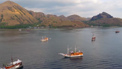 wide aerial of colorful wooden boats anchored close to komodo’s green shoreline and mountainous terrain