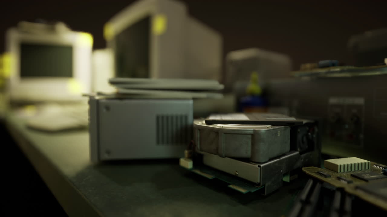 Old electronics and computer parts arranged on a desk in a dim setting