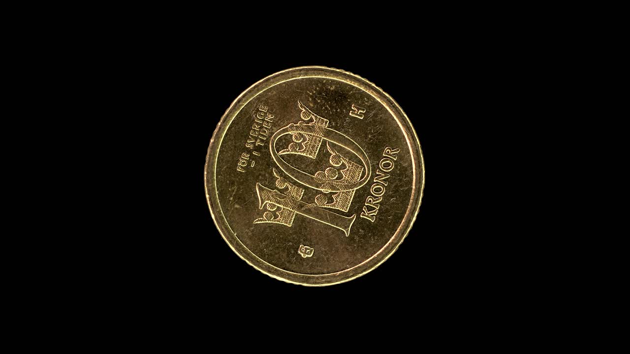 Sweden 2003 10 kronor coin reverse featuring three crowns value and royal motto rotating on black background