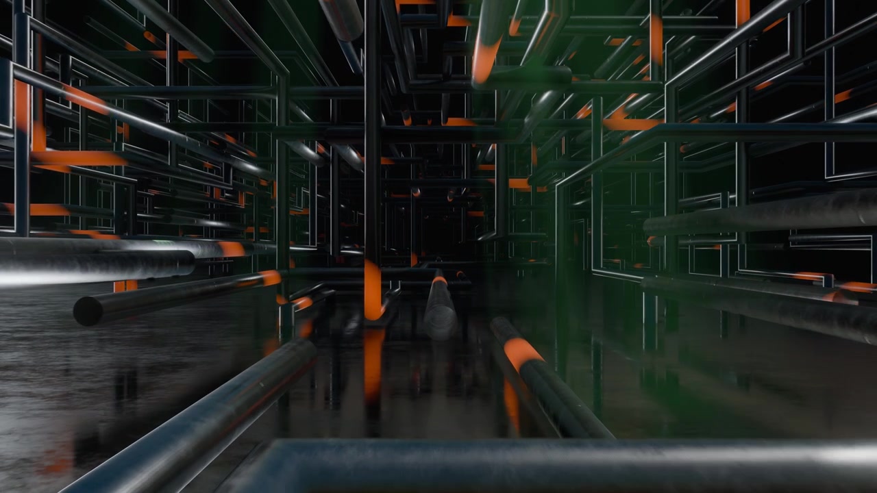Futuristic industrial pipe network with glowing orange light accents