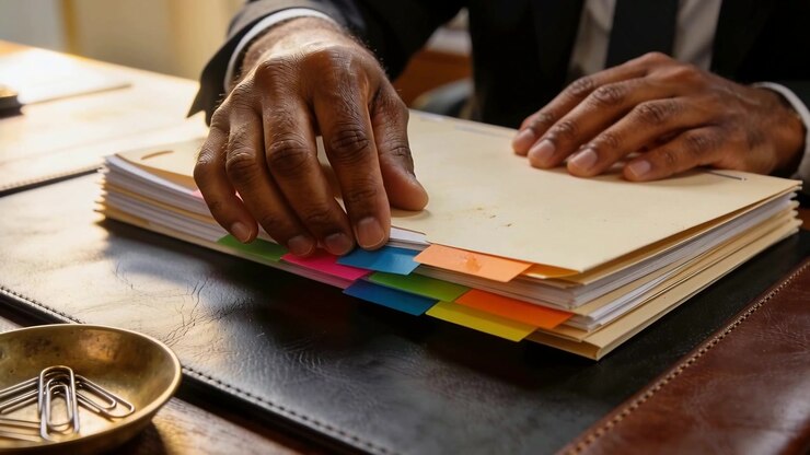 Reaching to lift red tab, hands in suit and tie reviewing tabbed folders at desk, organizing