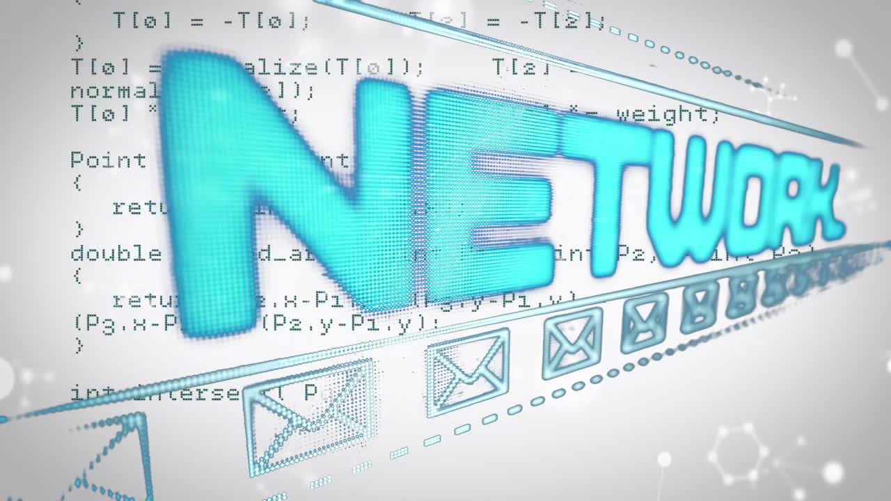 Network text animation over email icons and programming code