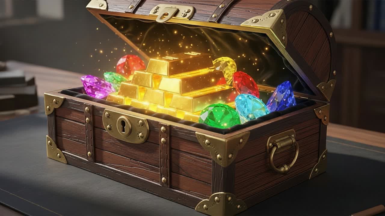 A Glittering Treasure Chest Filled with Gold Bars and Colorful Gems, Radiating Enchantment in a Magical Scene