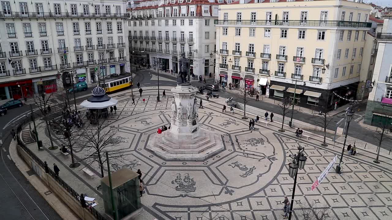 Wide view of Praça Camoes in the center of Lisbon, Portugal.