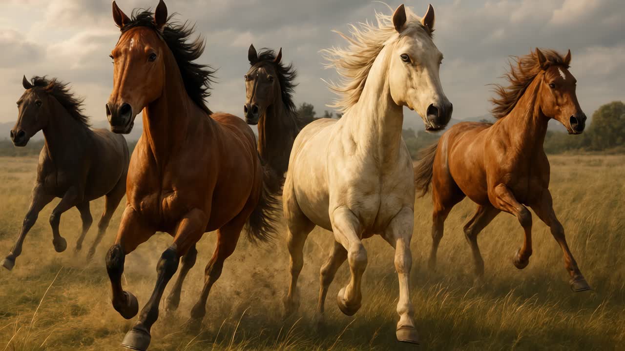 Dynamic video scene of horses galloping through a field, captured from a low-angle