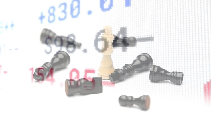 Animation of financial data processing over falling chess pieces on white
