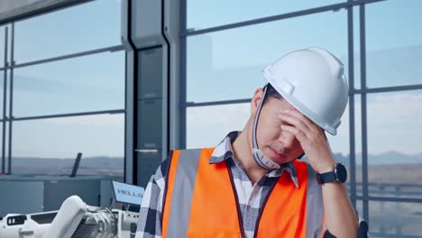 close up of asian male engineer with safety helmet having a headache while standing in high tech factory, analyzing robotic machine concept