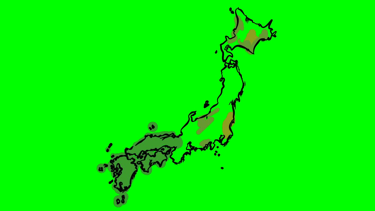Japan drawing colored map on green screen isolated whiteboard