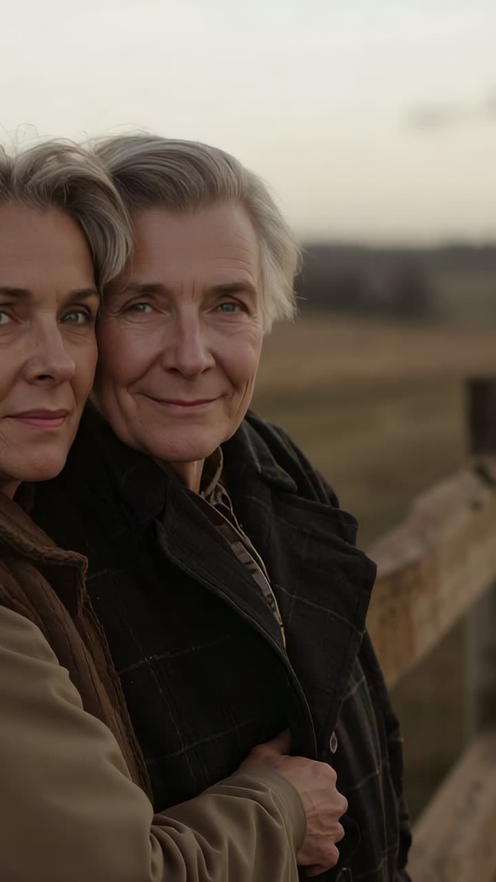Vertical video: Left head leaning, two senior women embracing at wooden fence for comfort in coats