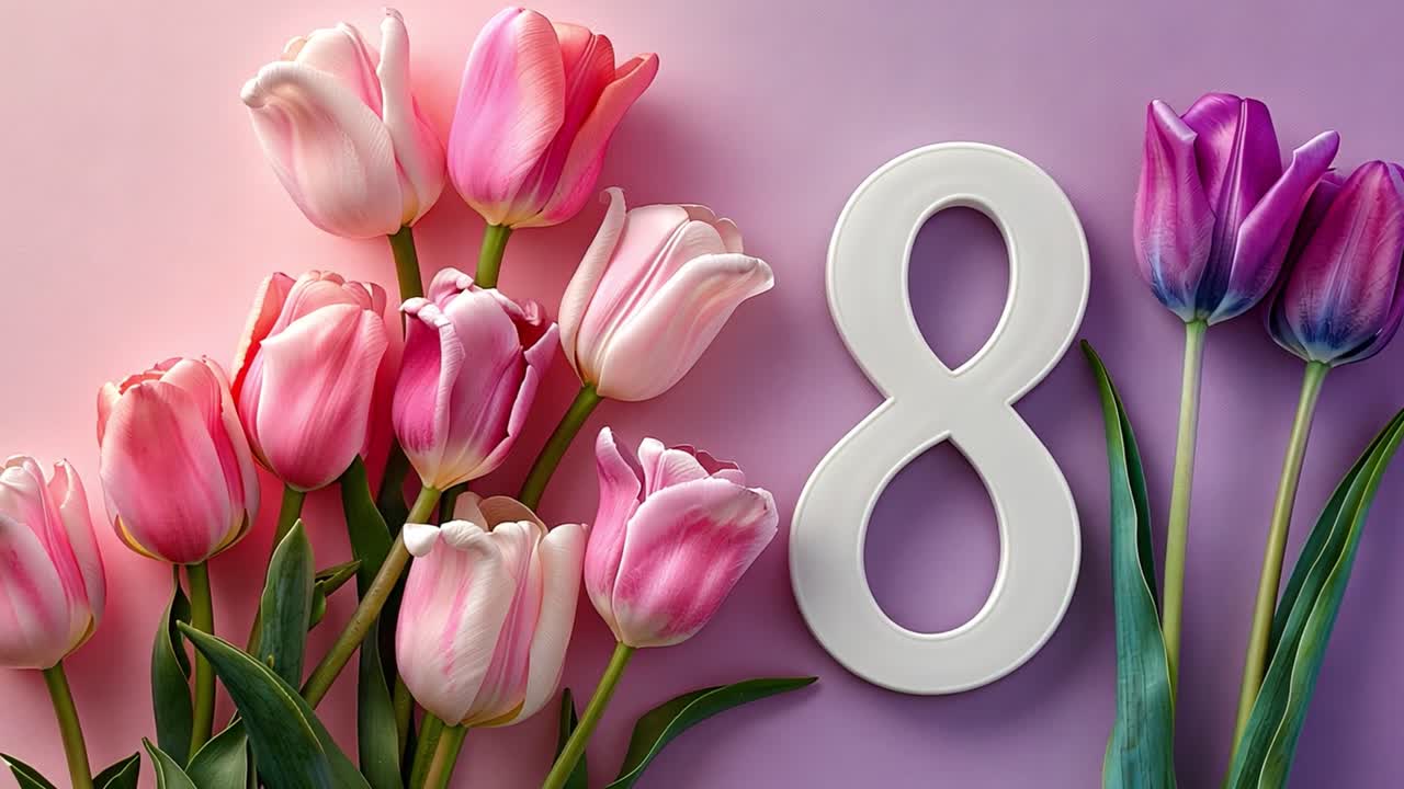 Pink and purple tulips with the number 8, representing International Women's Day