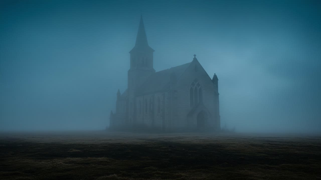En Mystisk Reise Gjennom Tåke: En Gåtefull Kirke Dukker Opp fra Tåken, Stående Ensom i et Eterisk Landskap som Fremkaller Mystikk og Intrigering