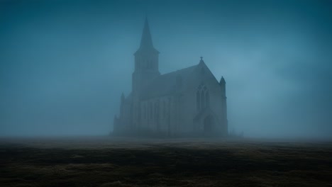 A Mystical Journey Through Fog: An Enigmatic Church Emerges from the Mist, Standing Solitary in an Ethereal Landscape That Evokes Mystery and Intrigue