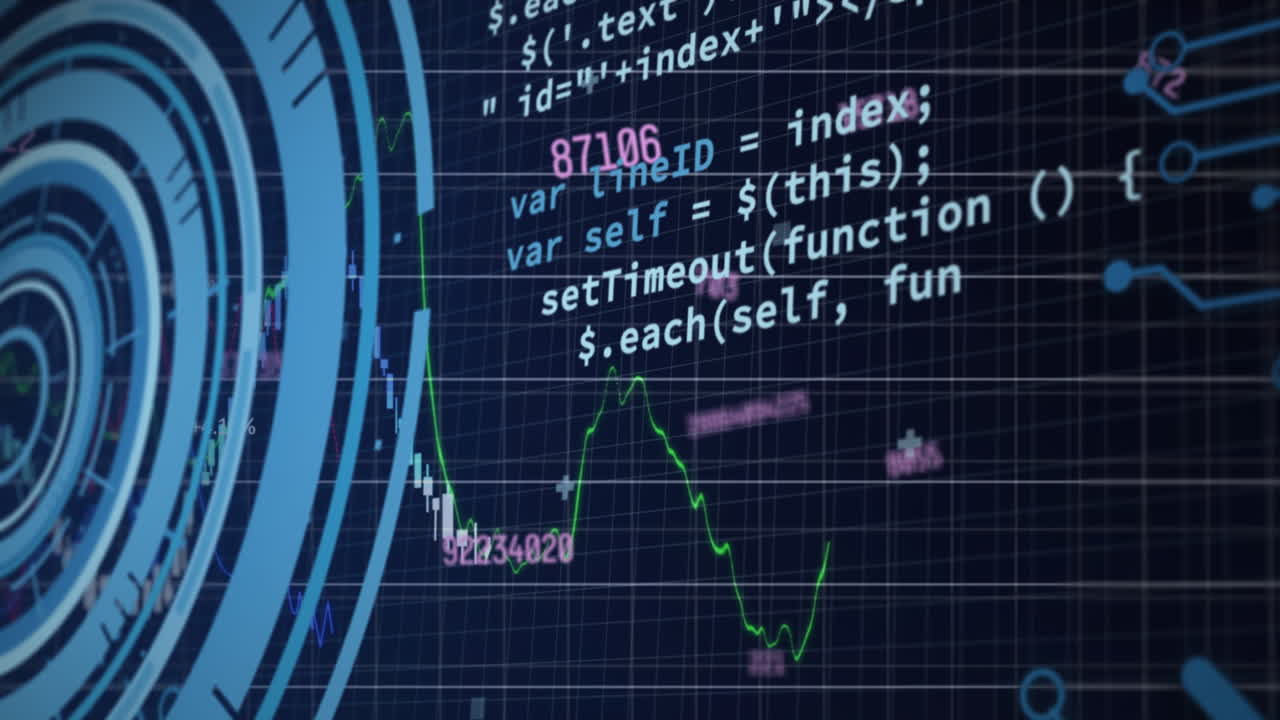 Animation of changing numbers over round scanner, data processing and microprocessor connections