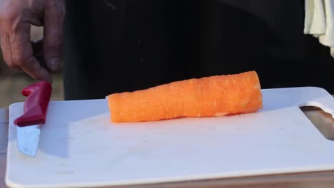 close up of chef's hands slicing carrots