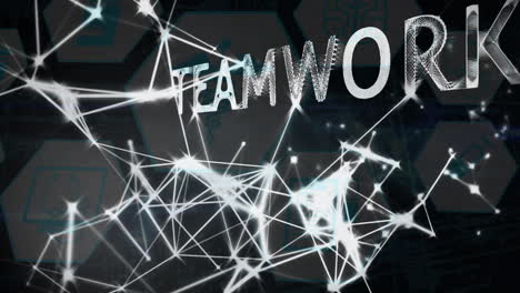 Animation-Eines-Verbindungsnetzwerks-Mit-Symbolen-über-Teamwork-Text-Und-Globus