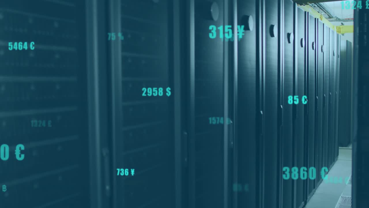 animación de números cambiantes con símbolos de divisas en la sala del servidor de datos
