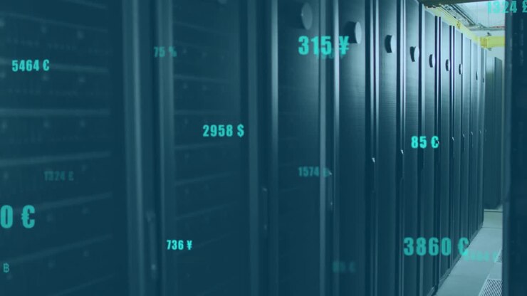 Animation of changing numbers with currency symbols over data server room