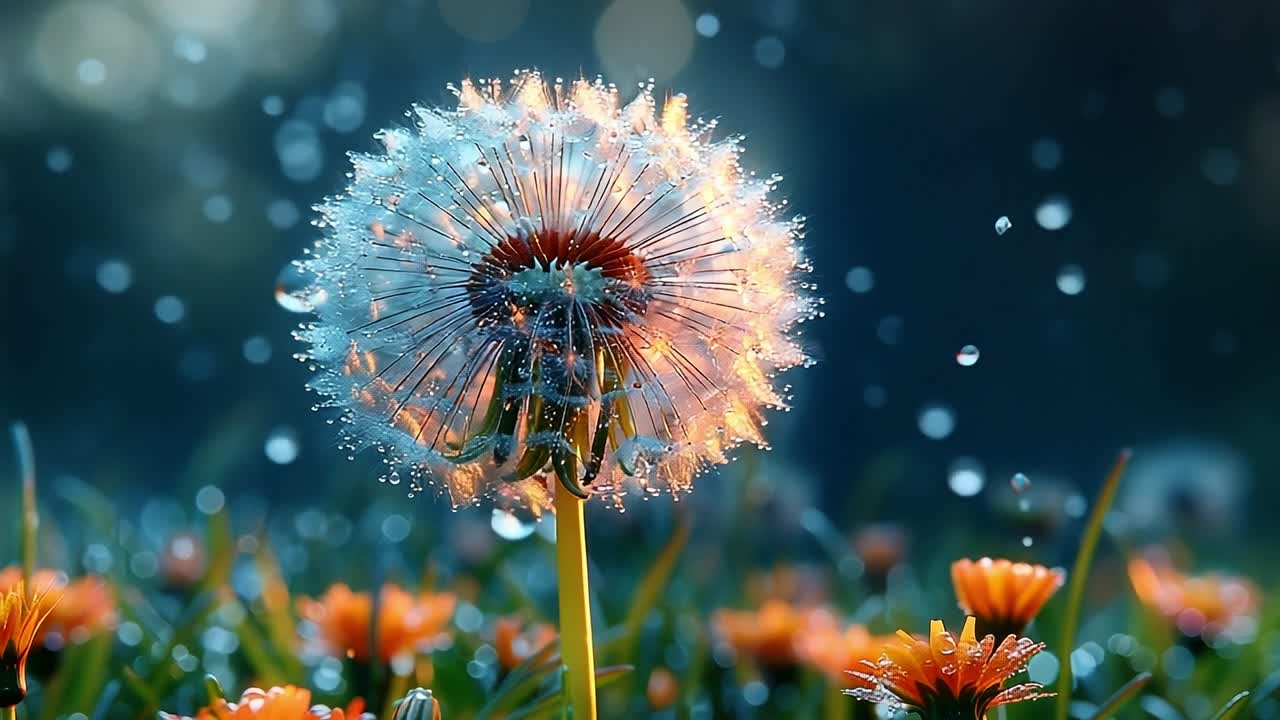 Dew glistens on dandelions. Morning sunlight illuminates a dandelion covered in dewdrops, surrounded by colorful flowers in a lush green field.