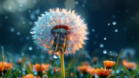 dew glistens on dandelions. morning sunlight illuminates a dandelion covered in dewdrops, surrounded by colorful flowers in a lush green field.