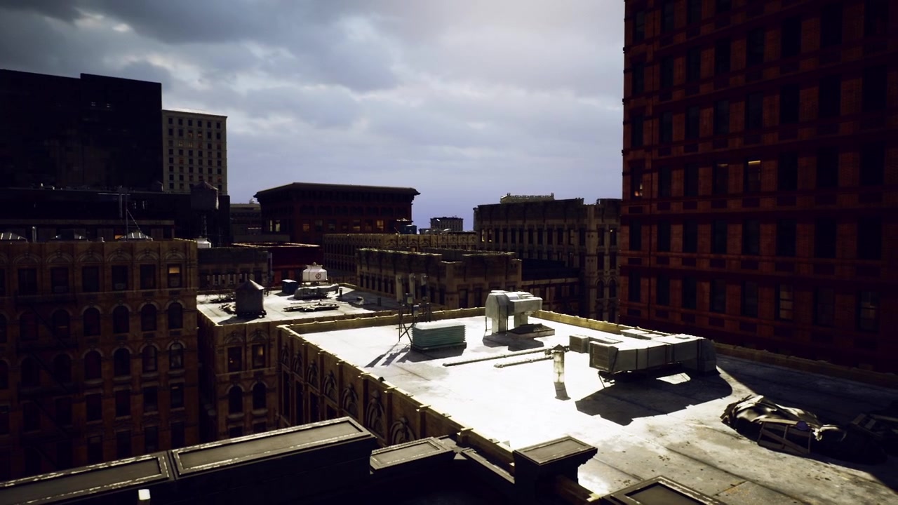 Urban building roof with equipment and access points visible