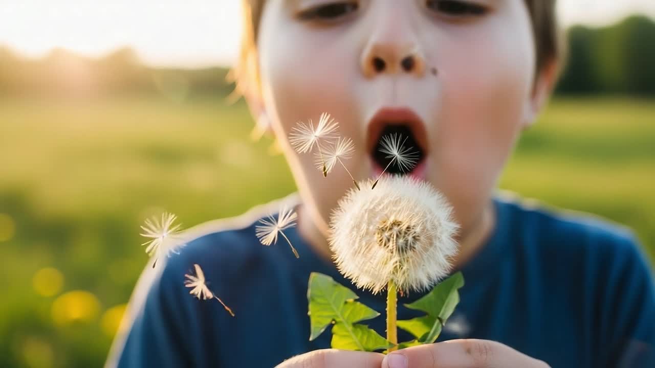 A Joyful Child Blowing Dandelion Seeds into the Air with Wonderment in a Sunlit Field, Capturing the Essence of Nature and Childlike Innocence