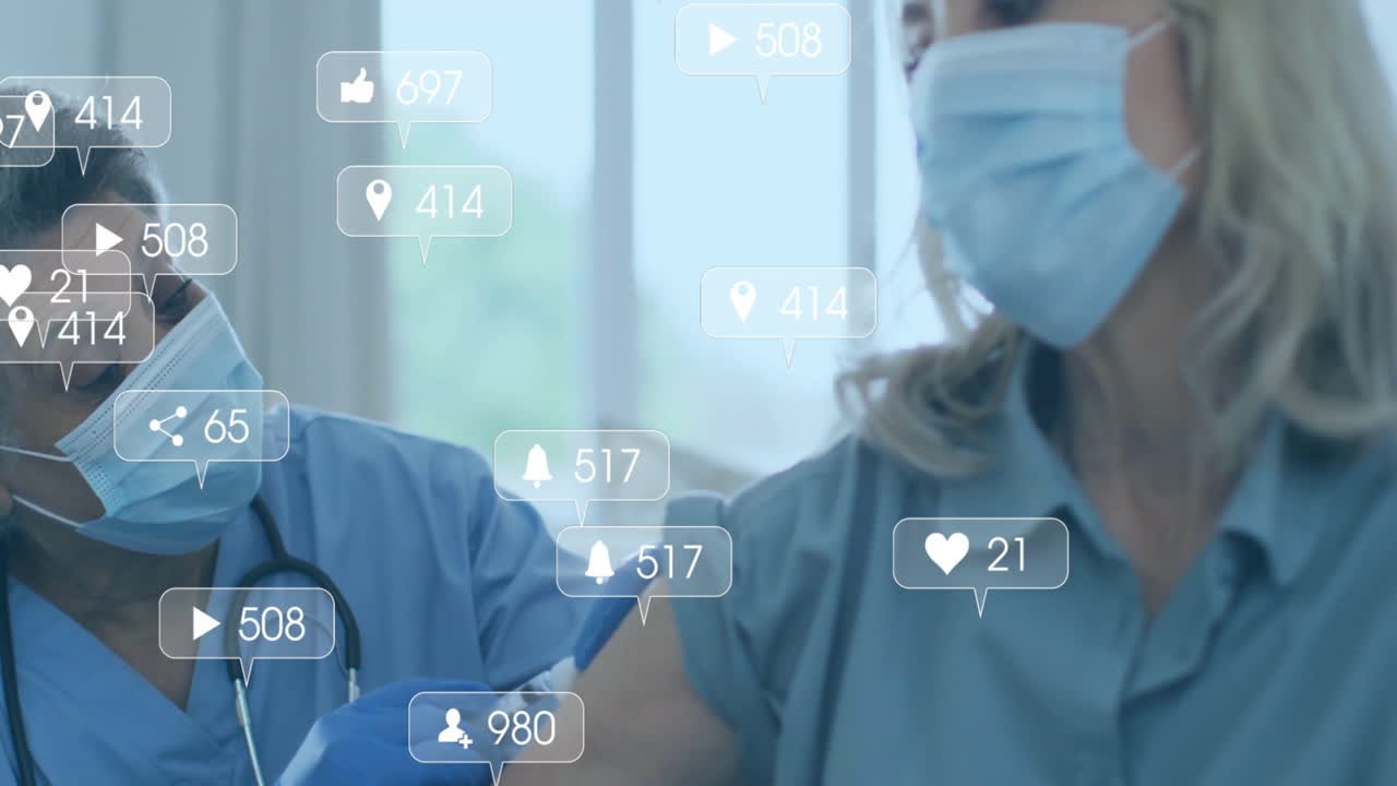 Medical worker administering vaccine via syringe to female patient with animated social icons