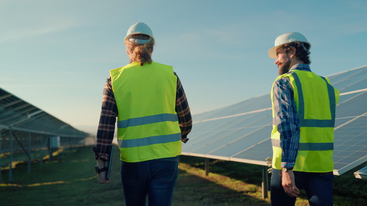 Engineers Inspecting Solar Panel Farm