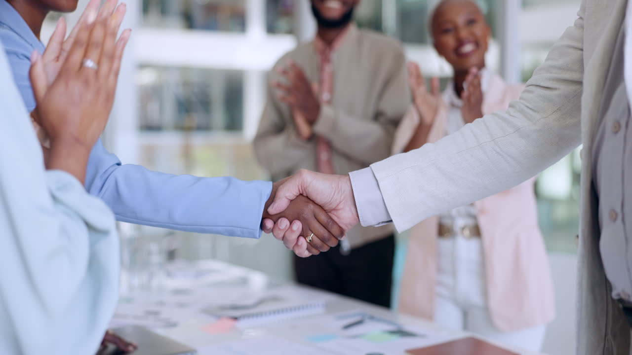 Deal, handshake or happy business people